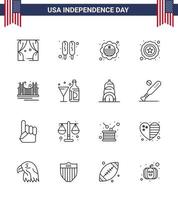 gelukkig onafhankelijkheid dag 4e juli reeks van 16 lijnen Amerikaans pictogram van mijlpaal poort vlag brug ster bewerkbare Verenigde Staten van Amerika dag vector ontwerp elementen