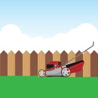 Rode grasmaaimachine met gras en blauwe hemel illustratie vector