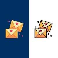 e-mail liefde bril bruiloft pictogrammen vlak en lijn gevulde icoon reeks vector blauw achtergrond