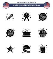 pak van 9 Verenigde Staten van Amerika onafhankelijkheid dag viering solide glyphs tekens en 4e juli symbolen zo net zo stokjes trommel Politie insigne vlag bewerkbare Verenigde Staten van Amerika dag vector ontwerp elementen