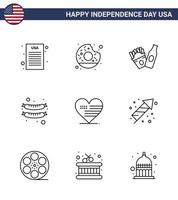 4e juli Verenigde Staten van Amerika gelukkig onafhankelijkheid dag icoon symbolen groep van 9 modern lijnen van viering Amerikaans frise liefde worst bewerkbare Verenigde Staten van Amerika dag vector ontwerp elementen