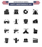 gelukkig onafhankelijkheid dag 4e juli reeks van 16 solide glyphs Amerikaans pictogram van amerikaans zonnebril ronde Verenigde Staten van Amerika gebouw bewerkbare Verenigde Staten van Amerika dag vector ontwerp elementen