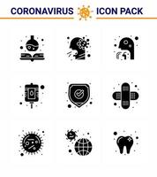 coronavirus het voorkomen reeks pictogrammen 9 solide glyph zwart icoon zo net zo bescherming pakket hoesten fles keel virale coronavirus 2019november ziekte vector ontwerp elementen