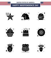 9 Verenigde Staten van Amerika solide glyph tekens onafhankelijkheid dag viering symbolen van pakketjes zak snel taart muffin bewerkbare Verenigde Staten van Amerika dag vector ontwerp elementen
