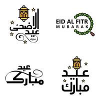 pak van 4 decoratief doopvont kunst ontwerp eid mubarak met modern schoonschrift kleurrijk maan sterren lantaarn ornamenten nors vector