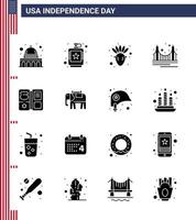 reeks van 16 vector solide glyphs Aan 4e juli Verenigde Staten van Amerika onafhankelijkheid dag zo net zo boek mijlpaal vloeistof gouden brug bewerkbare Verenigde Staten van Amerika dag vector ontwerp elementen