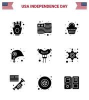 9 Verenigde Staten van Amerika solide glyph tekens onafhankelijkheid dag viering symbolen van worst voedsel partij ster helm bewerkbare Verenigde Staten van Amerika dag vector ontwerp elementen