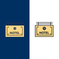 hotel teken bord richting pictogrammen vlak en lijn gevulde icoon reeks vector blauw achtergrond