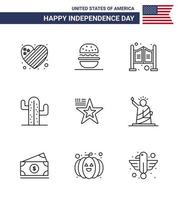 gelukkig onafhankelijkheid dag 9 lijnen icoon pak voor web en afdrukken Amerikaans Amerikaans deur overvloed cactus bewerkbare Verenigde Staten van Amerika dag vector ontwerp elementen