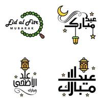 pak van 4 decoratief doopvont kunst ontwerp eid mubarak met modern schoonschrift kleurrijk maan sterren lantaarn ornamenten nors vector