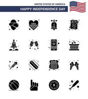 gelukkig onafhankelijkheid dag pak van 16 solide glyphs tekens en symbolen voor ruimteschip draagraket ring bruiloft liefde bewerkbare Verenigde Staten van Amerika dag vector ontwerp elementen