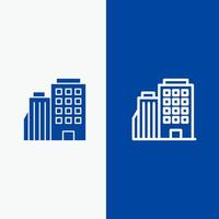 hotel koken huis stad lijn en glyph solide icoon blauw banier vector