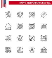 pak van 16 Verenigde Staten van Amerika onafhankelijkheid dag viering lijnen tekens en 4e juli symbolen zo net zo toetje staten staat hotdog Amerika bewerkbare Verenigde Staten van Amerika dag vector ontwerp elementen