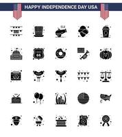 25 solide glyph tekens voor Verenigde Staten van Amerika onafhankelijkheid dag vakantie cole kanon taart cowboy bewerkbare Verenigde Staten van Amerika dag vector ontwerp elementen