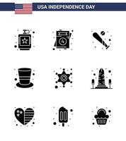 solide glyph pak van 9 Verenigde Staten van Amerika onafhankelijkheid dag symbolen van magie hoed pet bruiloft Amerikaans sport- bewerkbare Verenigde Staten van Amerika dag vector ontwerp elementen