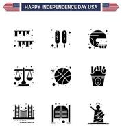 gelukkig onafhankelijkheid dag 4e juli reeks van 9 solide glyphs Amerikaans pictogram van schaal gerechtigheid Amerikaans rechtbank staat bewerkbare Verenigde Staten van Amerika dag vector ontwerp elementen