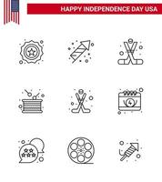 gelukkig onafhankelijkheid dag 4e juli reeks van 9 lijnen Amerikaans pictogram van onafhankelijkheid vakantie hockey trommel Amerika bewerkbare Verenigde Staten van Amerika dag vector ontwerp elementen