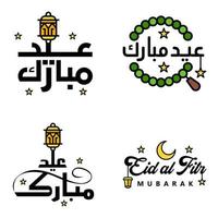 pak van 4 decoratief doopvont kunst ontwerp eid mubarak met modern schoonschrift kleurrijk maan sterren lantaarn ornamenten nors vector