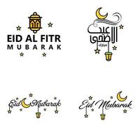 pak van 4 decoratief doopvont kunst ontwerp eid mubarak met modern schoonschrift kleurrijk maan sterren lantaarn ornamenten nors vector