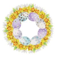 waterverf hand- getrokken Pasen viering clip art. cirkel krans met eieren, konijntjes, gele narcis krokus bloemen, bladeren. geïsoleerd Aan wit achtergrond. uitnodigingen, geschenken, groet kaarten, afdrukken, textiel vector