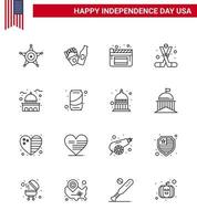 Verenigde Staten van Amerika onafhankelijkheid dag lijn reeks van 16 Verenigde Staten van Amerika pictogrammen van mijlpaal gebouw films Amerika sport- bewerkbare Verenigde Staten van Amerika dag vector ontwerp elementen