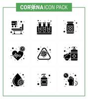 9 solide glyph zwart coronavirus epidemie icoon pak zuigen net zo alarm tijd het formulier pulse ritme virale coronavirus 2019november ziekte vector ontwerp elementen