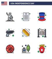 gelukkig onafhankelijkheid dag pak van 9 vlak gevulde lijnen tekens en symbolen voor hotdog wapen Amerikaans leger geweer bewerkbare Verenigde Staten van Amerika dag vector ontwerp elementen