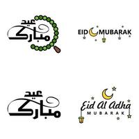 reeks van 4 vectoren eid mubarak gelukkig eid voor u in Arabisch schoonschrift stijl gekruld script met sterren lamp maan