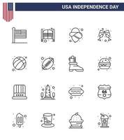 gelukkig onafhankelijkheid dag pak van 16 lijnen tekens en symbolen voor Amerikaans voetbal Amerikaans Ingang wijn glas bier bewerkbare Verenigde Staten van Amerika dag vector ontwerp elementen