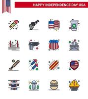 16 Verenigde Staten van Amerika vlak gevulde lijn tekens onafhankelijkheid dag viering symbolen van mijlpaal poort land brug cola bewerkbare Verenigde Staten van Amerika dag vector ontwerp elementen