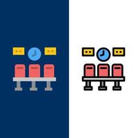 stoelen trein vervoer klok pictogrammen vlak en lijn gevulde icoon reeks vector blauw achtergrond