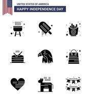 pak van 9 Verenigde Staten van Amerika onafhankelijkheid dag viering solide glyphs tekens en 4e juli symbolen zo net zo adelaar dier voedsel optocht instrument bewerkbare Verenigde Staten van Amerika dag vector ontwerp elementen