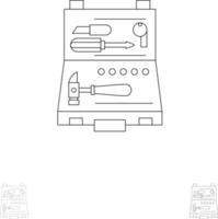 gereedschap gebouw bouw reparatie doos stoutmoedig en dun zwart lijn icoon reeks vector