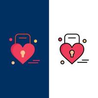 slot liefde hart bruiloft pictogrammen vlak en lijn gevulde icoon reeks vector blauw achtergrond