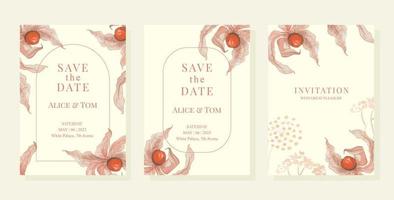 luxe bruiloft uitnodiging kaart achtergrond met waterverf physalis en bladeren. abstract kunst achtergrond vector ontwerp voor bruiloft en vip Hoes sjabloon.