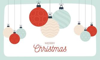 kerstkaart retro stijl. vector illustratie nieuwe jaar banner met kerstballen. decoratieve kerstbal in platte cartoon-stijl met groet belettering