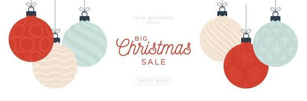 kerst verkoop kaart. vectorillustratie met hangende kerstbal in platte cartoon stijl. verkoop of kortingsbanner met boombal vector