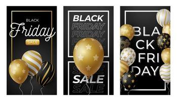 zwarte vrijdag verkoop horizontale banner met zwarte, witte en gouden glanzende ballonnen op zwarte en gouden achtergrond met plaats voor tekst. vector illustratie.