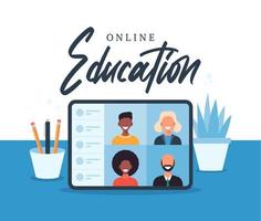 online onderwijs, e-learning, online cursusconcept, thuisschool vectorillustratie. studenten op laptop computerscherm, afstandsonderwijs, nieuwe normaal, cartoon platte vectorillustratie vector