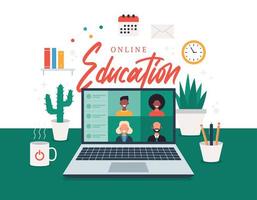 online onderwijs, e-learning, online cursusconcept, thuisschool vectorillustratie. studenten op laptop computerscherm, afstandsonderwijs, nieuwe normaal, cartoon platte vectorillustratie vector