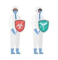 artsen met beschermende pakken en schilden tegen 2019 ncov-virus vectorontwerp vector