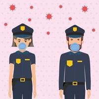 politieagente en politieagent met maskers tegen 2019 ncov-virus vectorontwerp vector