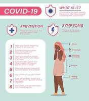 covid 19 viruspreventie tips symptomen en vrouw avatar vector ontwerp