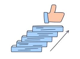 stappen naar dergelijke. vector doodle illustratie met de hand getekend met stappen of trappen waarop een icoon van de thumbs-up is. het pad naar succes en het bereiken van doelen. vector illustratie