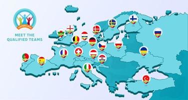 Europees 2020 voetbalkampioenschap vectorillustratie met een kaart van Europa met gemarkeerde landenvlag die kwalificeerde voor de laatste fase en logoteken op witte achtergrond vector