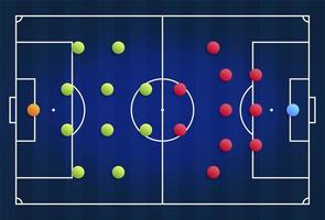 een blauw cybervoetbalveld met een tactisch schema van de opstelling van spelers van twee voetbalteams op het bord, organisatie van een spelschema voor een fantasy league-coach vector