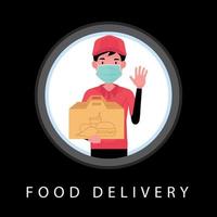 een cartoon van voedsellevering met een man met een doos die een masker draagt vector
