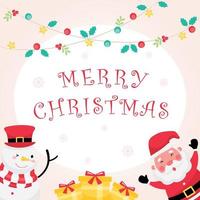 pastel wenskaart met merry christmas-tekst, kerstman, sneeuwpop en cadeau vector