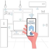 smart home-afbeelding met een telefoon die in de hand wordt gehouden om elektrische apparaten in huis te bedienen vector