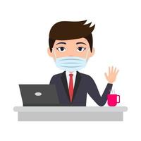 zakenman aan zijn bureau met zijn laptop en beker met masker vector